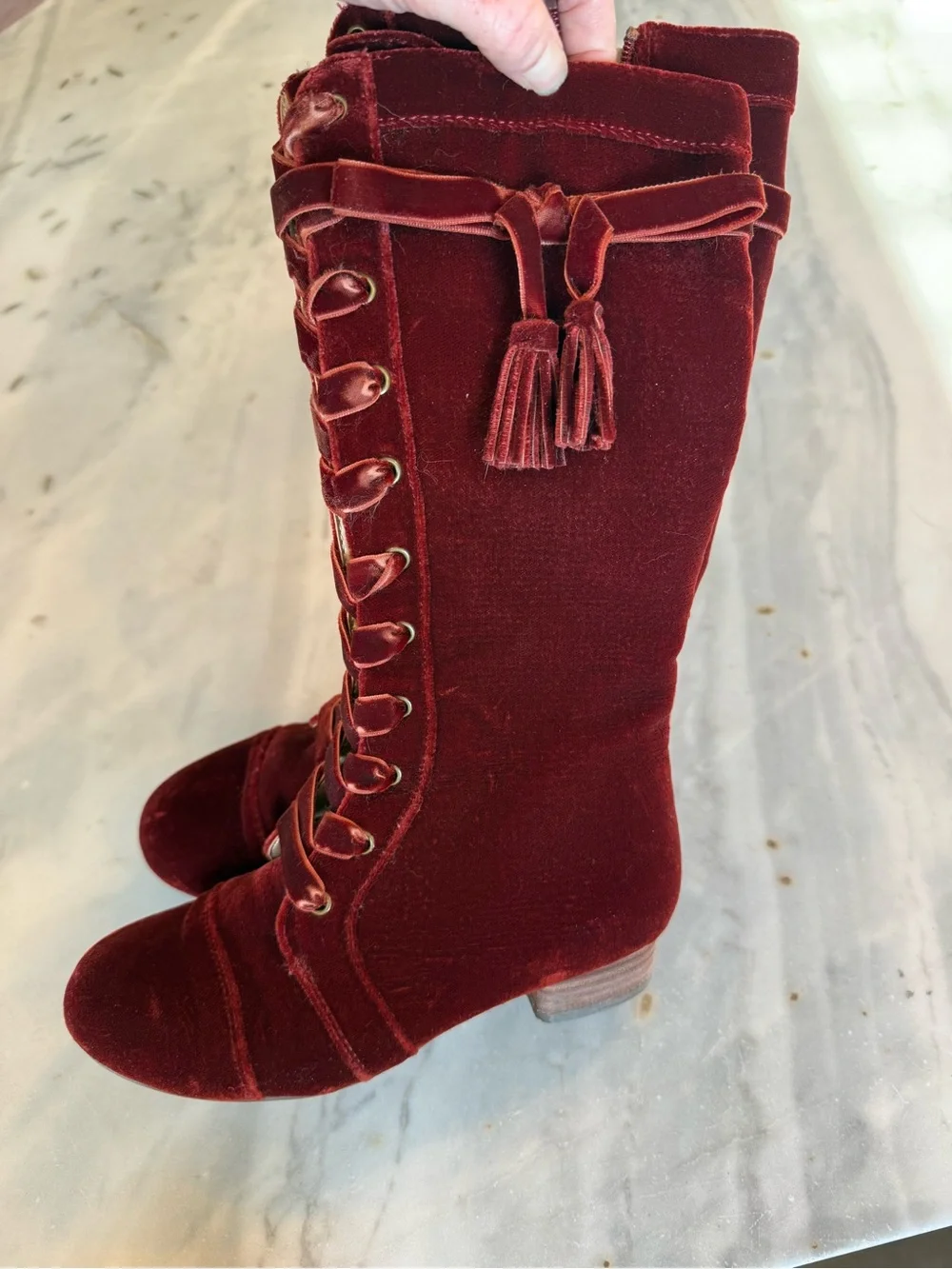 Joyfolie Burgundy Velvet Lace-Up Boots with Tassel